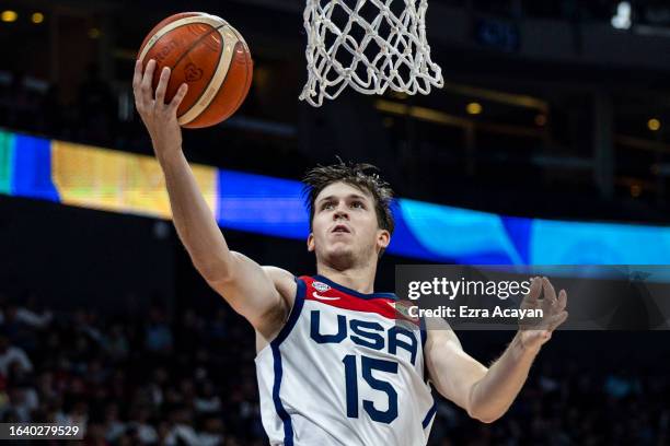 Austin Reaves of USA shoots the ball during the FIBA Basketball World Cup Group C game between United States and New Zealand at Mall of Asia Arena on...