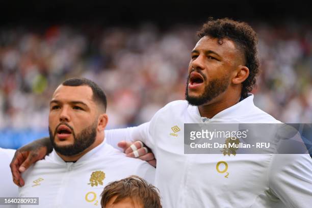 Courtney Lawes of England sings the national anthem on his one hundredth cap ahead of the Summer International match between England and Fiji at...