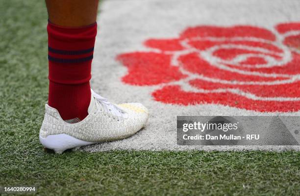 General view of the boots of Courtney Lawes of England as he takes to the field on his one hundredth cap ahead of the Summer International match...