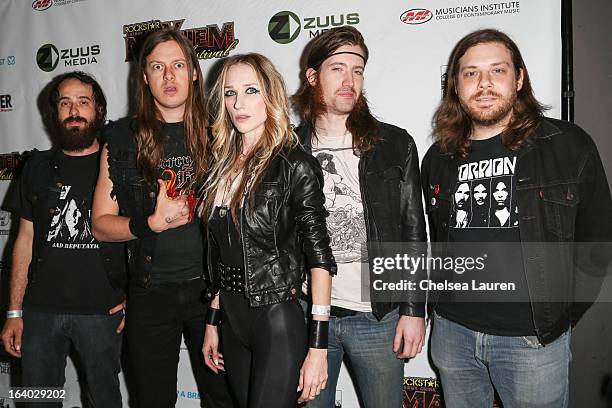 Huntress attends the 6th annual Rockstar energy drink Mayhem festival press conference at The Whiskey A Go Go on March 18, 2013 in West Hollywood,...