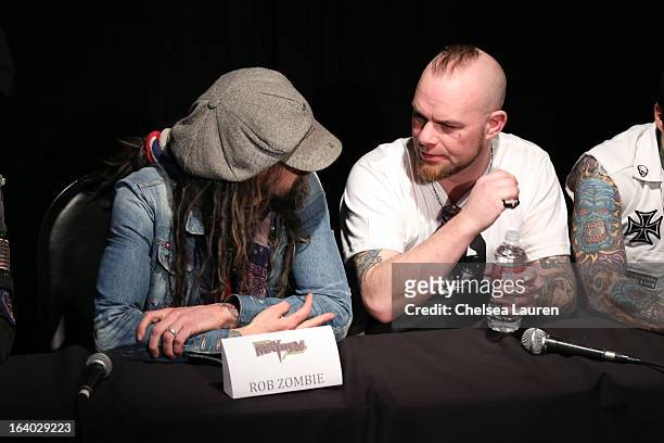 Vocalists rob Zombie and Ivan Moody of Five Finger Death Punch attend the 6th annual Rockstar energy drink Mayhem festival press conference at The...