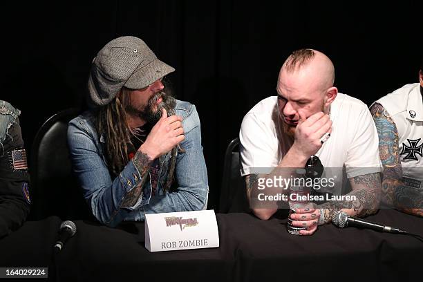 Vocalists rob Zombie and Ivan Moody of Five Finger Death Punch attend the 6th annual Rockstar energy drink Mayhem festival press conference at The...
