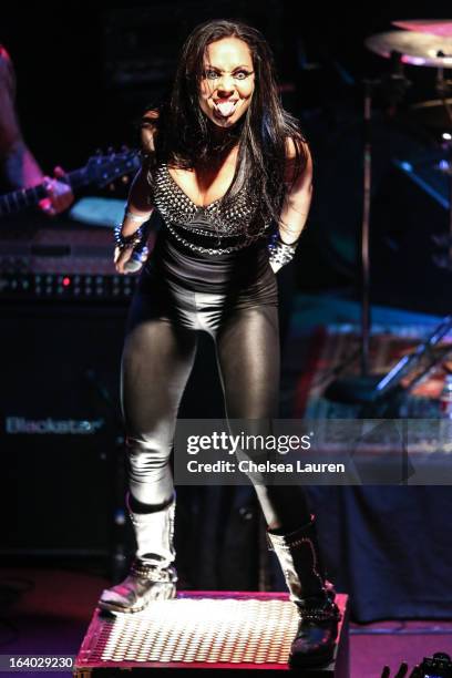 Vocalist Carla Harvey of Butcher Babies performs at the 6th annual Rockstar energy drink Mayhem festival press conference at The Whiskey A Go Go on...