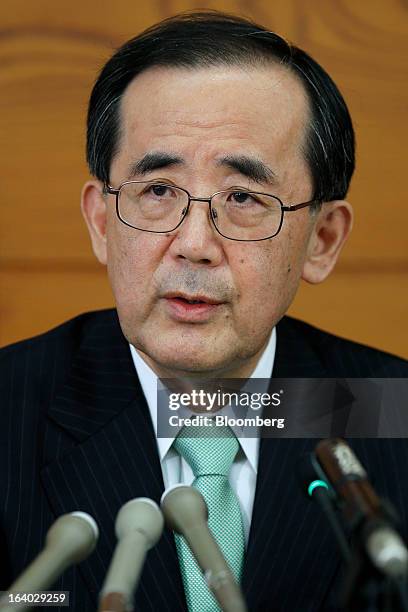 Masaaki Shirakawa, outgoing governor of the Bank of Japan, speaks during a news conference at the central bank's headquarters in Tokyo, Japan, on...