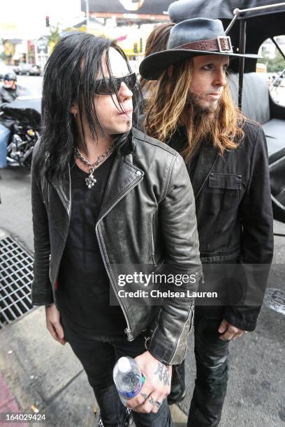 Bassist Piggy D. And drummer Ginger Fish of Rob Zombie arrive at the 6th annual Rockstar energy drink Mayhem festival press conference at The Whiskey...