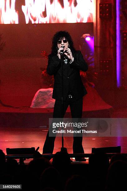 Singer Paul Shortino performs on stage during the Raiding of the Rock Vault VIP opening and red carpet at the LVH Hotel & Casino on March 18, 2013 in...
