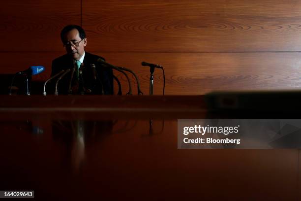 Masaaki Shirakawa, outgoing governor of the Bank of Japan, attends a news conference at the central bank's headquarters in Tokyo, Japan, on Tuesday,...