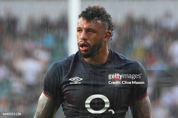Courtney Lawes of England looks on in the rain during the Summer International match between England and Fiji at Twickenham Stadium on August 26,...