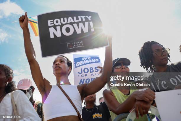 Civil rights supporters attend the 60th Anniversary Of The March On Washington at the Lincoln Memorial on August 26, 2023 in Washington, DC. The...