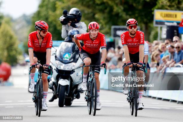 Matis Louvel of France, Arnaud Démare of France and Clément Russo of France And Team Arkéa-Samsic cross the finish line during the 19th Renewi Tour...