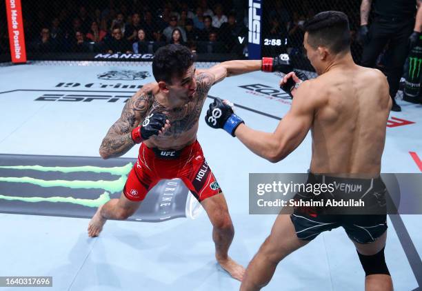 Max Holloway punches Chan Sung Jung of South Korea in a featherweight bout during the UFC Fight Night event at Singapore Indoor Stadium on August 26,...