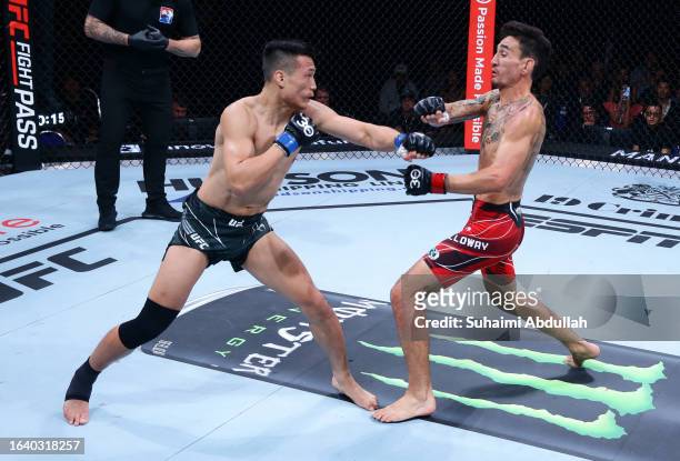 Chan Sung Jung of South Korea punches Max Holloway in a featherweight bout during the UFC Fight Night event at Singapore Indoor Stadium on August 26,...