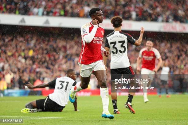 Eddie Nketiah of Arsenal celebrates after scoring the team's second goal during the Premier League match between Arsenal FC and Fulham FC at Emirates...