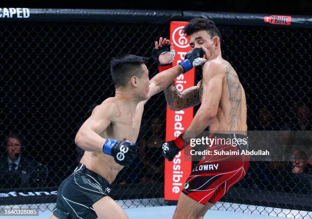 Chan Sung Jung of South Korea punches Max Holloway in a featherweight bout during the UFC Fight Night event at Singapore Indoor Stadium on August 26,...