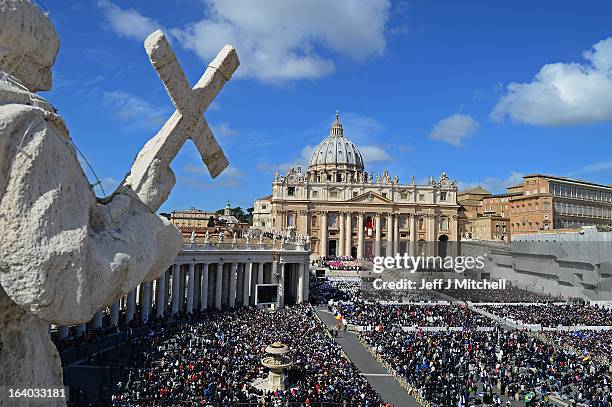 Pope Francis conducts mass on March 19, 2013 in Vatican City, Vatican. The inauguration of Pope Francis is being held in front of an expected crowd...