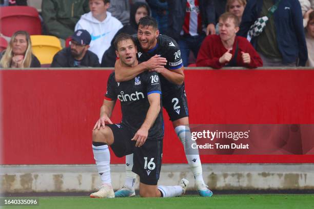 Joachim Andersen of Crystal Palace celebrates with Joel Ward of Crystal Palace after scoring the team's first goal to equalise during the Premier...