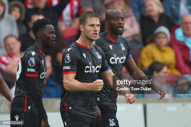 Joachim Andersen of Crystal Palace celebrates with his teammates after scoring the team's first goal to equalise during the Premier League match...