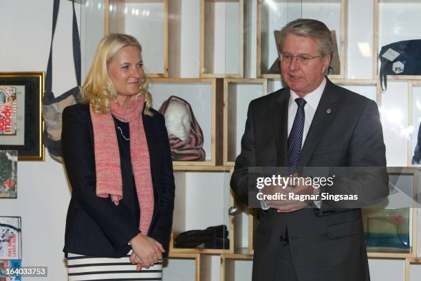 Princess Mette-Marit of Norway and the Mayor of Oslo Fabian Stang visit the Scandic Vulkan Hotel on March 19, 2013 in Oslo, Norway.