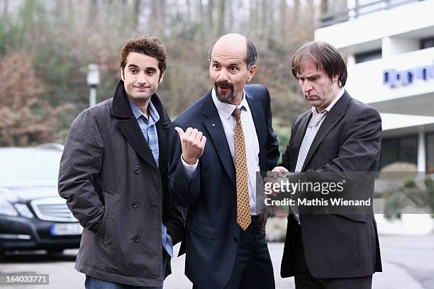 Bjarne Maedel , Christoph Maria Herbst and Oliver Wnuk visit the set of 'Stromberg - Der Film' at Dorint Hotel on March 19, 2013 in Arnsberg, Germany.