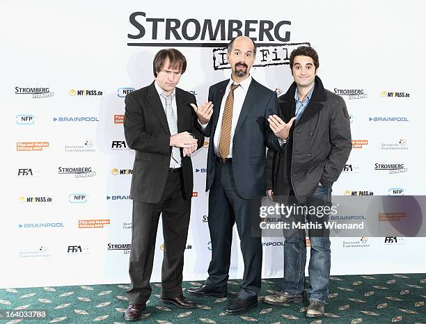 Bjarne Maedel , Christoph Maria Herbst and Oliver Wnuk visit the set of 'Stromberg - Der Film' at Dorint Hotel on March 19, 2013 in Arnsberg, Germany.