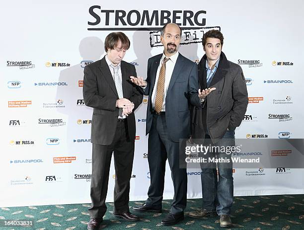 Bjarne Maedel , Christoph Maria Herbst and Oliver Wnuk visit the set of 'Stromberg - Der Film' at Dorint Hotel on March 19, 2013 in Arnsberg, Germany.