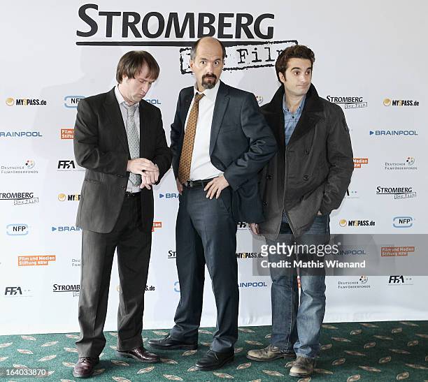 Bjarne Maedel , Christoph Maria Herbst and Oliver Wnuk visit the set of 'Stromberg - Der Film' at Dorint Hotel on March 19, 2013 in Arnsberg, Germany.