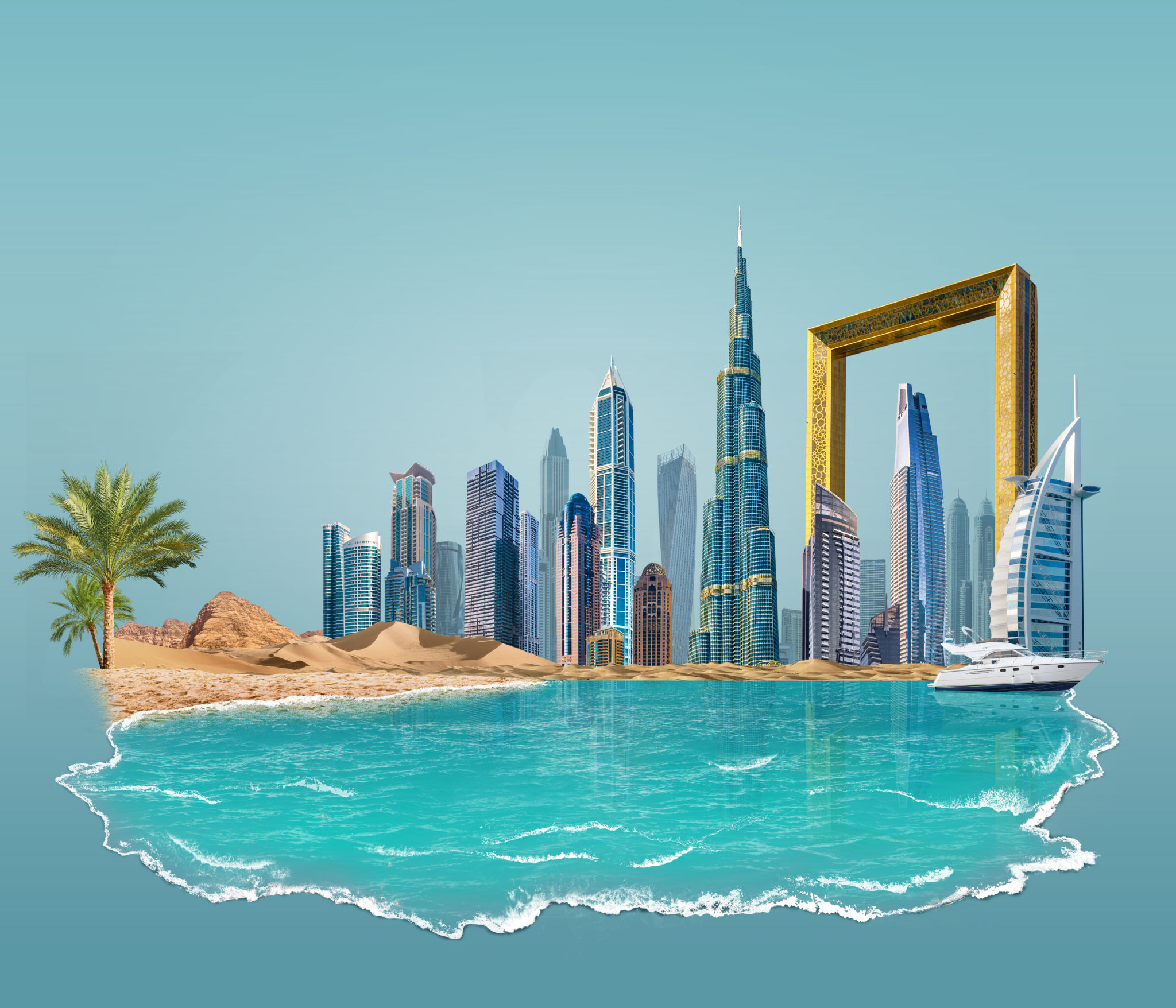 3d illustration of Dubai beach isolated. beach mock up. urban skyline on background, sea waves. 3d illustration of Dubai beach isolated. beach mock up. urban skyline on background, sea waves.