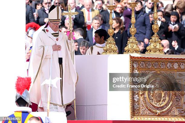 Pope Francis attends his Inauguration Mass in St Peter's Square on March 19, 2013 in Vatican City, Vatican. The inauguration of Pope Francis is being...