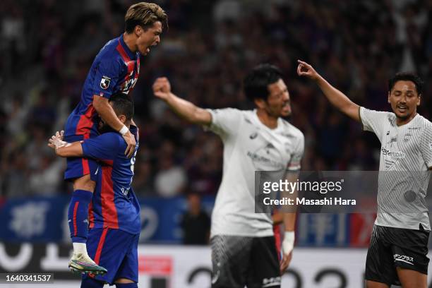 Kuryu Matsuki of FC Tokyo celebrates their first goal by Diego Oliveira during the J.LEAGUE Meiji Yasuda J1 25th Sec. Match between F.C.Tokyo and...