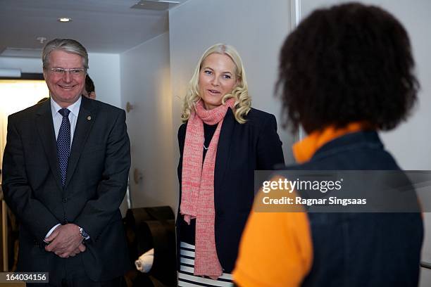 The Mayor of Oslo, Fabian Stang and Princess Mette-Marit of Norway visit the Scandic Vulkan Hotel on March 19, 2013 in Oslo, Norway.