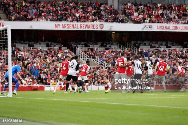 Joao Palhinha of Fulham scores the team's second goal during the Premier League match between Arsenal FC and Fulham FC at Emirates Stadium on August...