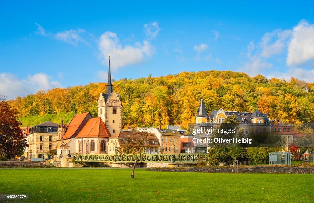 View of the historic architectural ensemble in Gera Untermhaus. The most prominent is the tower of the Marienkirche from the 15th century.