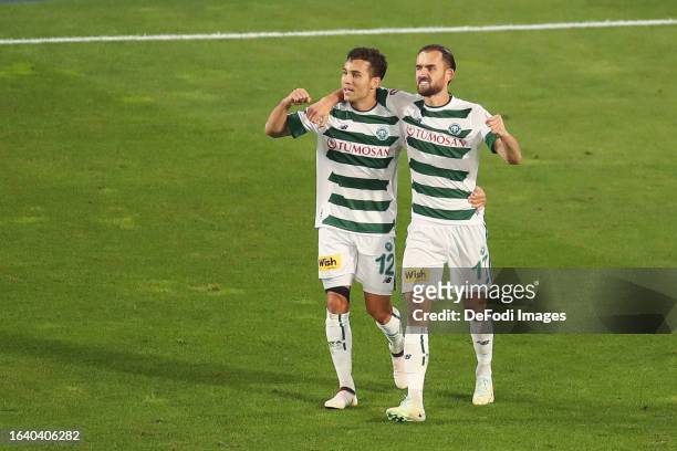 Sokol Cikalleshi of Konyaspor celebrates after scoring his team's first goal during the Turkish Super League match between Istanbul Basaksehir and...