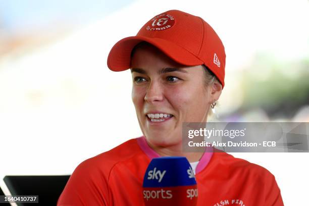 Alex Hartley of Welsh Fire speaks to Sky Sports in the Sky Pod after the match is abandoned following a Storm and Lightning, resulting in victory for...