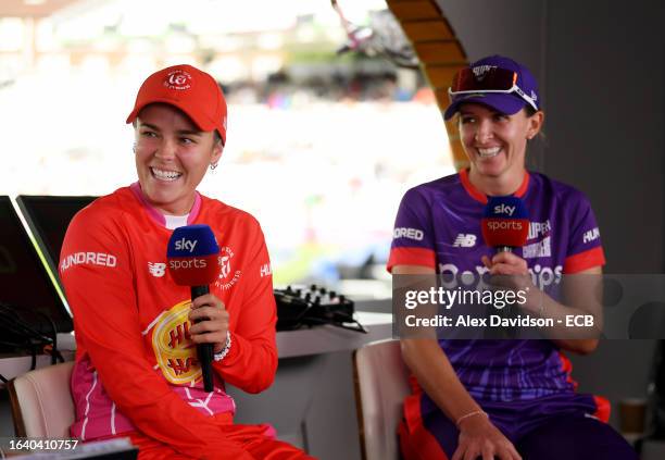 Alex Hartley of Welsh Fire and Kate Cross of Northern Superchargers speak to Sky Sports in the Sky Pod after the match is abandoned following a Storm...