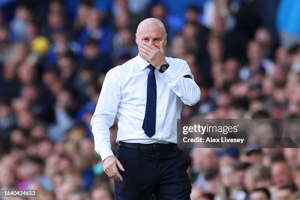 Sean Dyche, Manager of Everton, reacts during the Premier League match between Everton FC and Wolverhampton Wanderers at Goodison Park on August 26,...