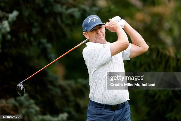 Lee Janzen of the United States hits a tee shot on the second hole during the first round of the The Ally Challenge presented by McLaren at Warwick...