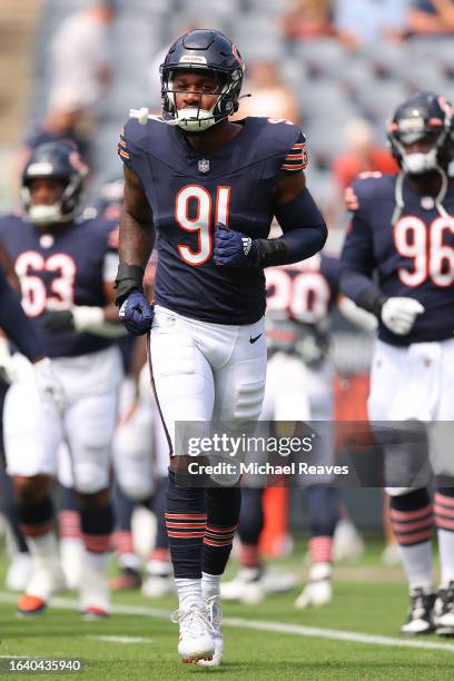 Yannick Ngakoue of the Chicago Bears looks on prior to a preseason game against the Buffalo Billsat Soldier Field on August 26, 2023 in Chicago,...