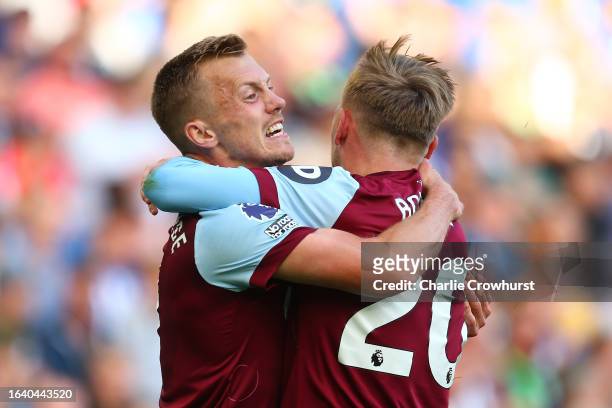 James Ward-Prowse of West Ham United celebrates with Jarrod Bowen of West Ham United after scoring the team's first goal during the Premier League...