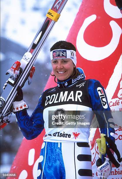 Deborah Compagnoni of Italy celebrates after the Alpine Championships at Val d''Isere, France. \ Mandatory Credit: Allsport UK /Allsport