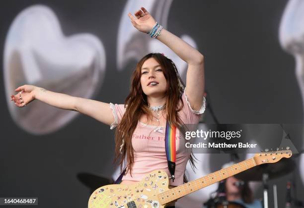 Rhian Teasdale of Wet Leg performs on Day 2 of Leeds Festival 2023 at Bramham Park on August 26, 2023 in Leeds, England.