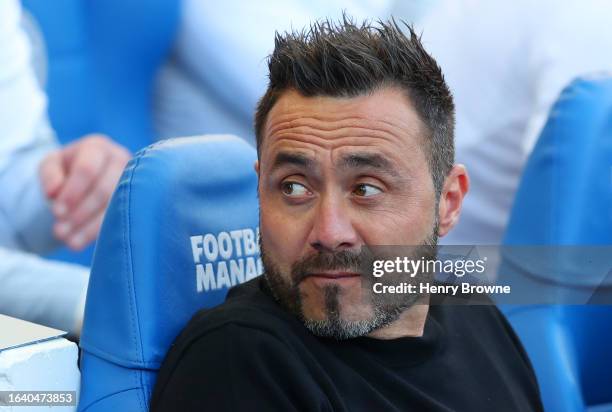 Roberto De Zerbi, Manager of Brighton & Hove Albion, looks on ahead of the Premier League match between Brighton & Hove Albion and West Ham United at...