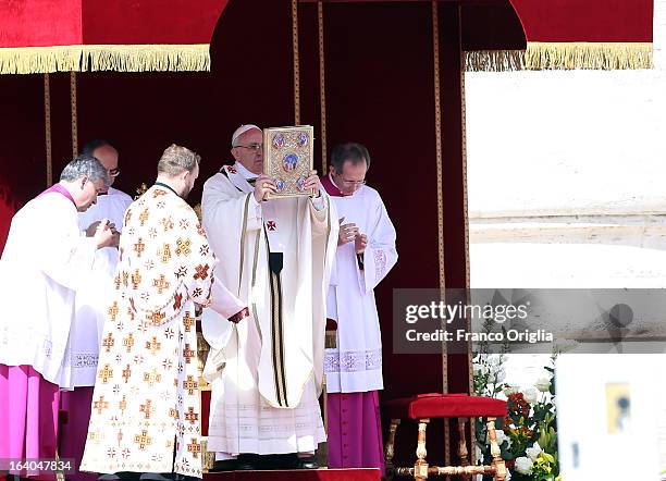 Pope Francis celebrates his Inauguration Mass on March 19, 2013 in Vatican City, Vatican. The inauguration of Pope Francis is being held in front of...