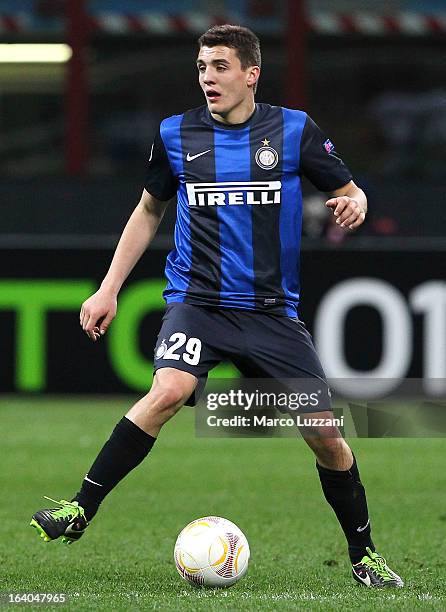 Mateo Kovacic of FC Internazionale Milano in action during the UEFA Europa League Round of 16 Second Leg match between FC Internazionale Milano and...