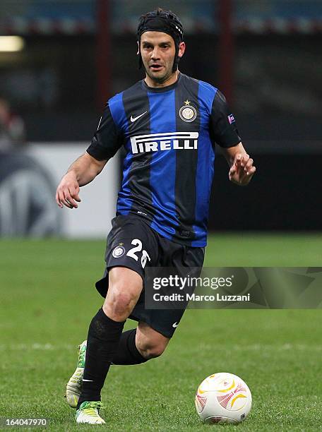 Cristian Chivu of FC Internazionale Milano in action during the UEFA Europa League Round of 16 Second Leg match between FC Internazionale Milano and...