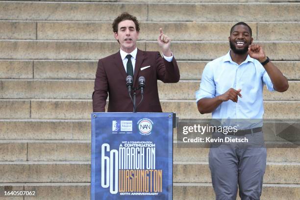 Actor Sacha Baron Cohen delivers remarks at the 60th Anniversary Of The March On Washington at the Lincoln Memorial on August 26, 2023 in Washington,...