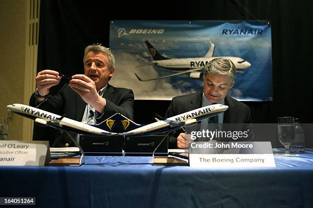 Ryanair CEO Michael O'Leary , and Boeing Commercial Airplanes President & CEO Ray Conner sign a $15.6 billion purchase agreement on March 19, 2013 in...