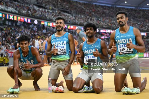 Rajesh Ramesh, Muhammed Ajmal Variyathodi, Amoj Jacob, and Muhammed Anas Yahiya of Team India pose for a photo after the Men's 4x400m Relay Heats...
