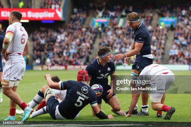 Dave Cherry of Scotland is seen after scoring the team's second try during the Summer International match between Scotland and Georgia at BT...