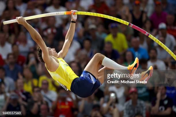 Armand Duplantis of Team Sweden competes in the Men's Pole Vault Final during day eight of the World Athletics Championships Budapest 2023 at...